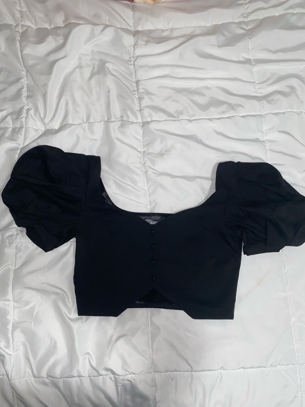 Missguided Black Puff Sleeve Crop Top with Button Front
